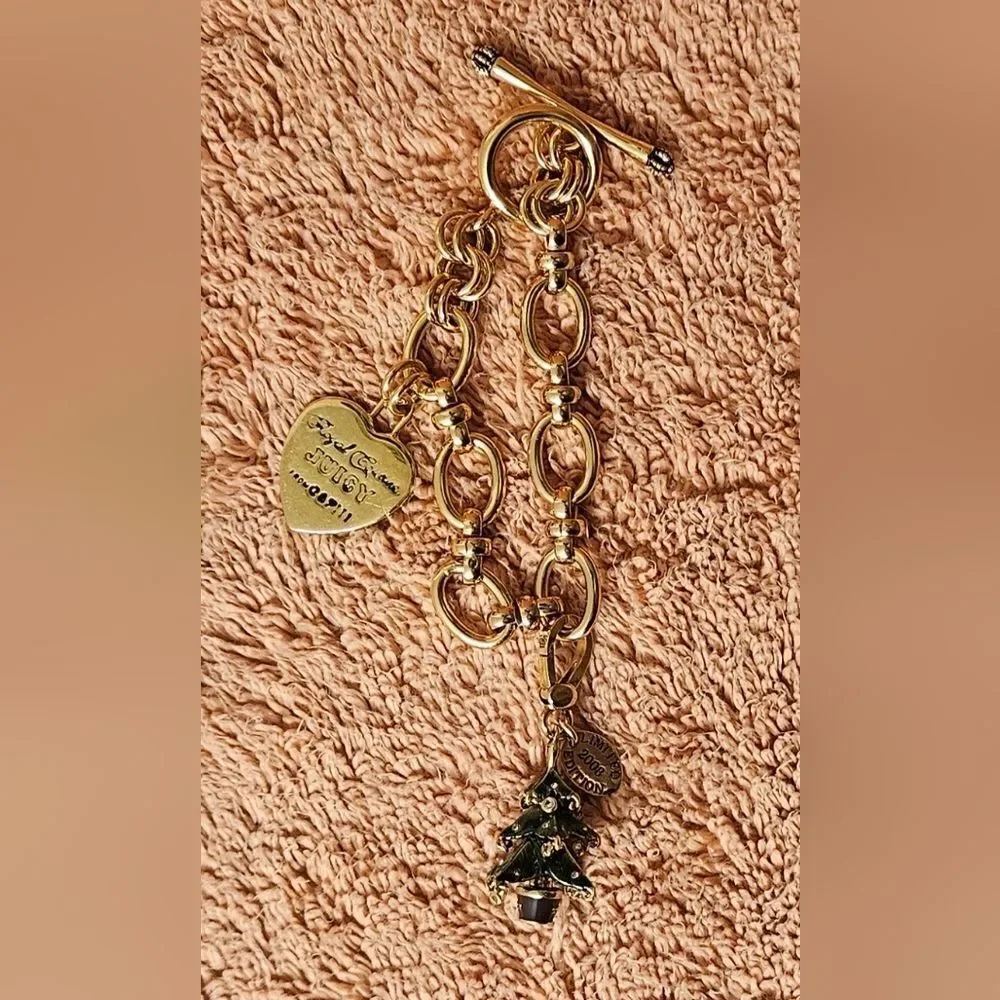 Juicy Couture Limited Edition Christmas Tree Gem Ornaments Gold Heart Bracelet - Picture 3 of 12